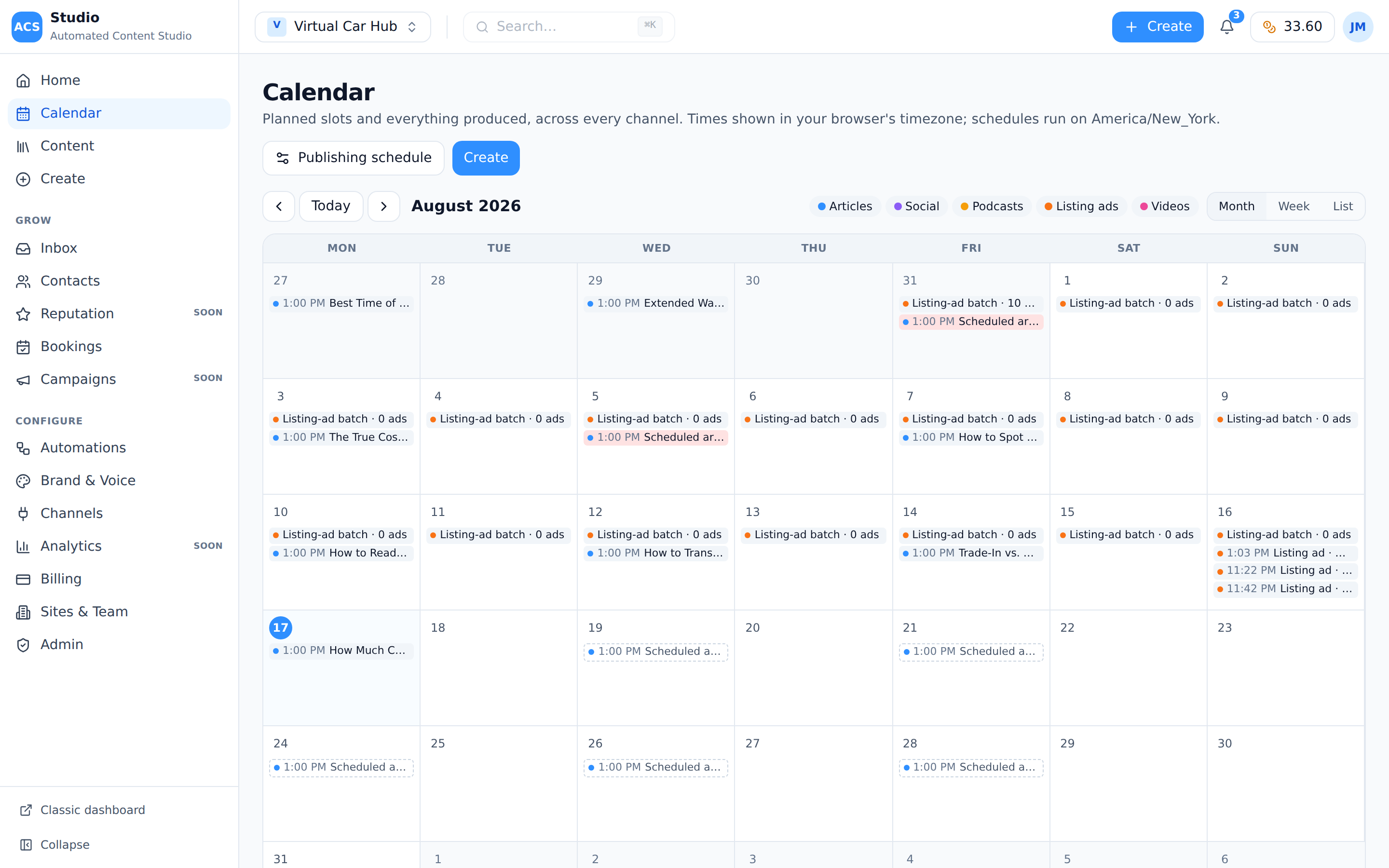 Content calendar showing articles, social, podcasts and listing ads across a month