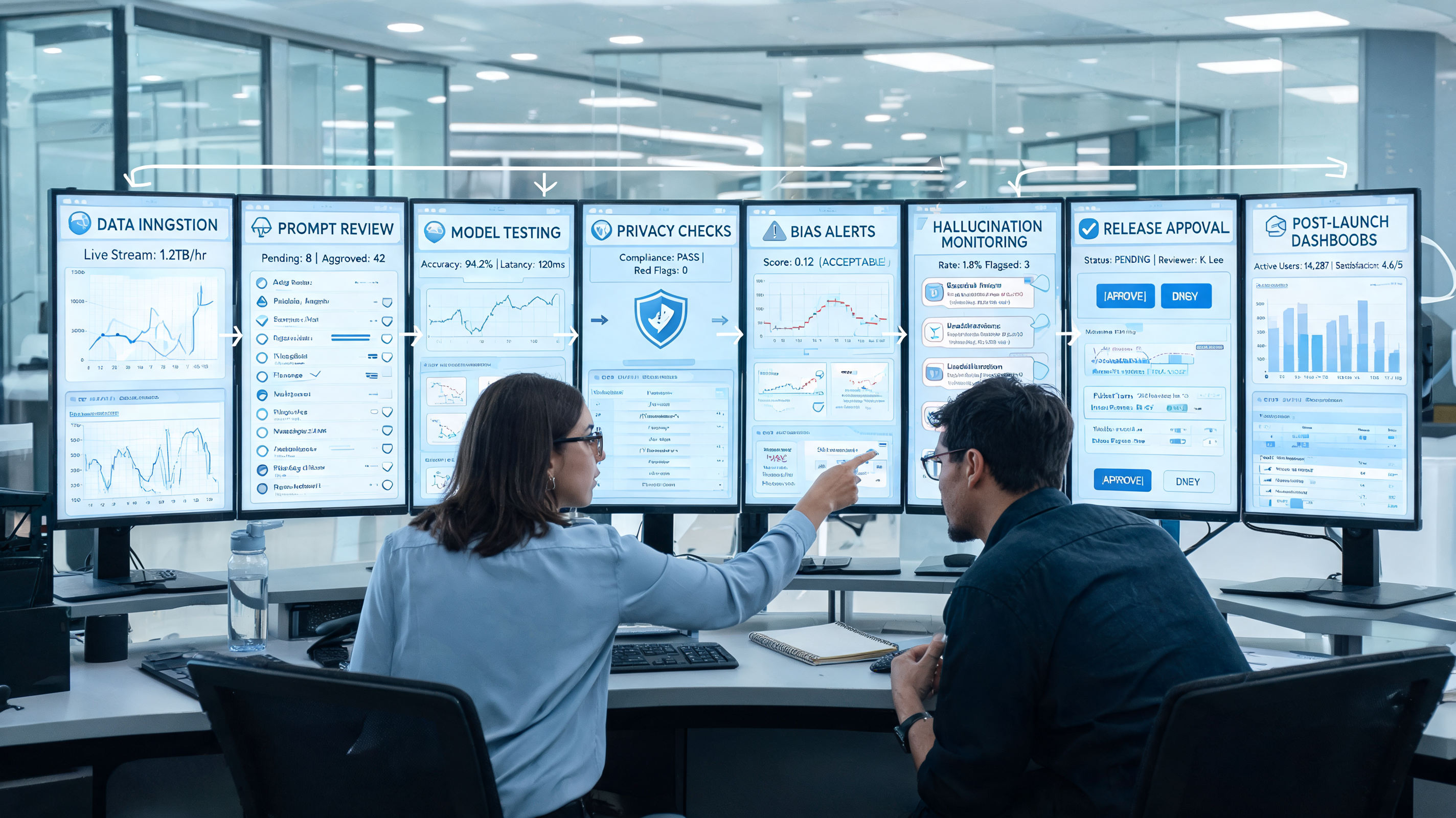 Operations team managing blog automation and marketing automation checks across AI testing and release dashboards