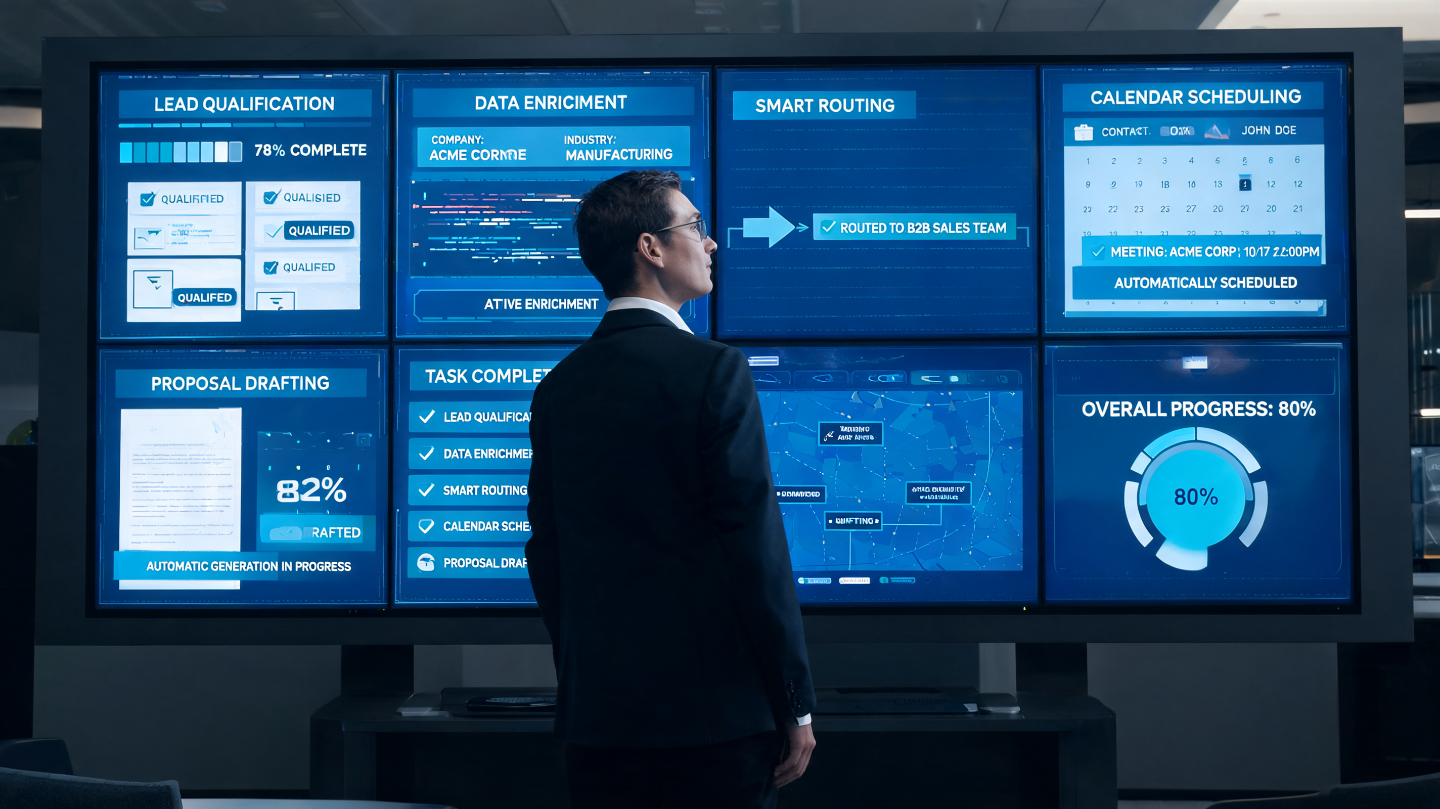 Operations manager monitoring autonomous AI workflows across enterprise dashboards, highlighting marketing automation and scalable content marketing processes