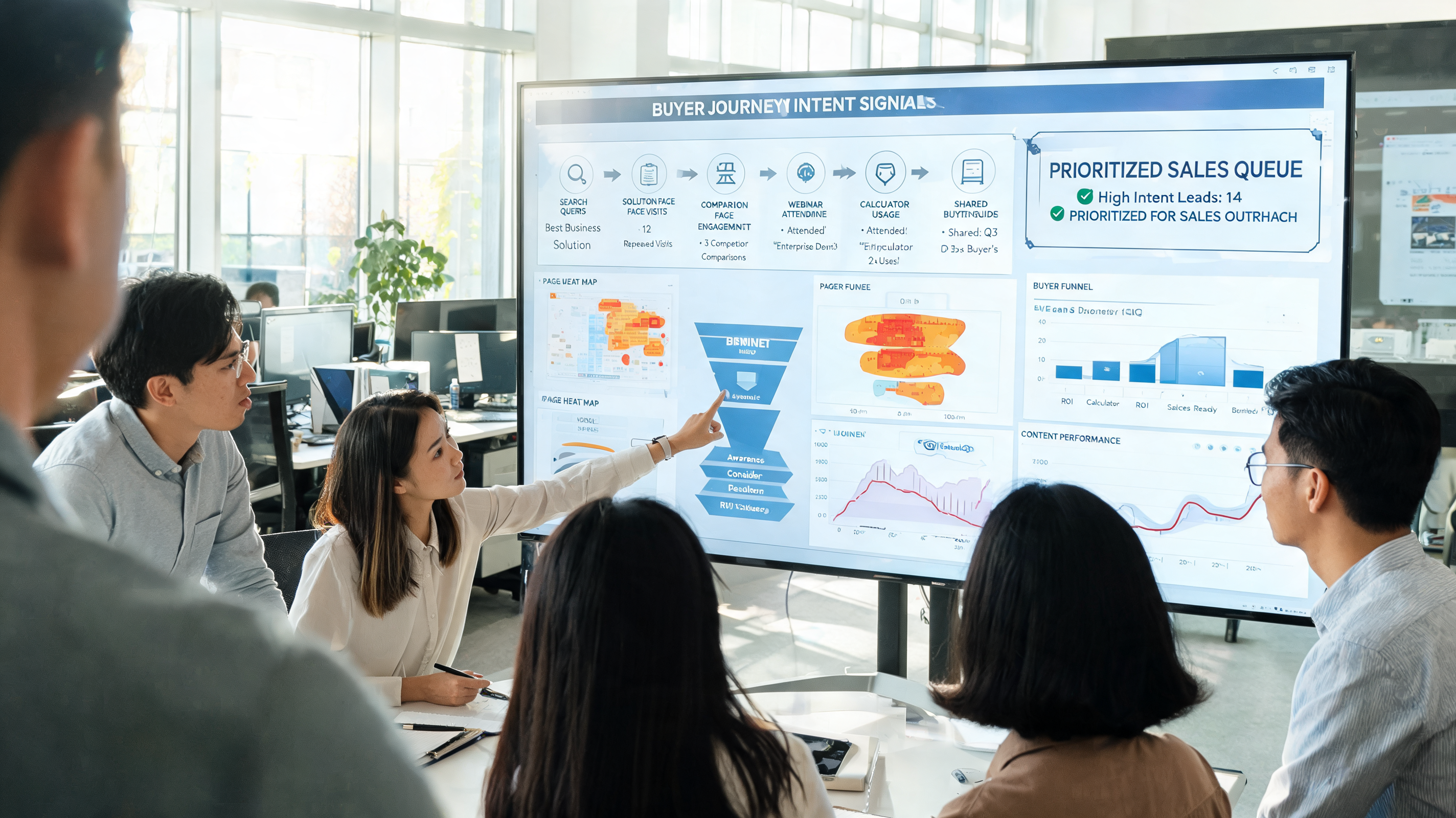 Team analyzing SEO optimization and content marketing signals to prioritize high-intent sales prospects