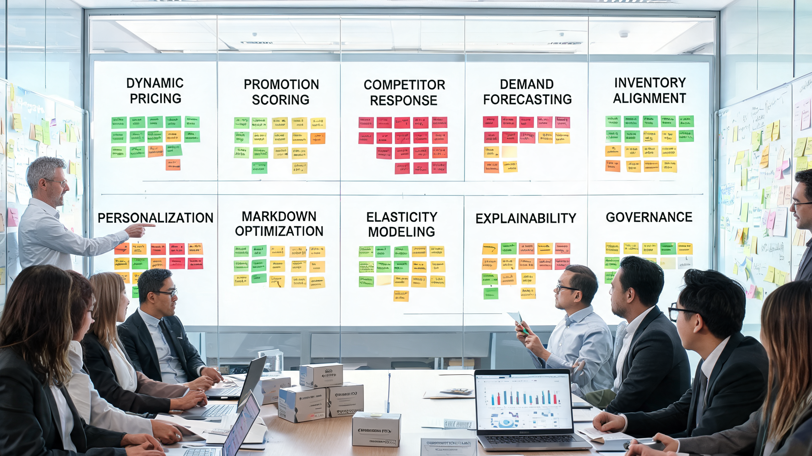 Executive team mapping AI pricing and promotion priorities on a planning wall, showing content marketing strategy and marketing automation in action