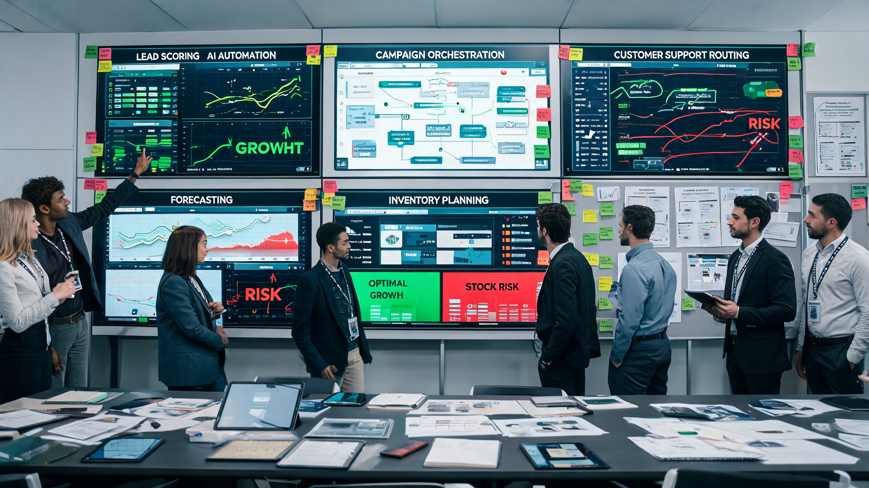Cross-functional team evaluating AI tools across marketing automation and operations in a strategy room
