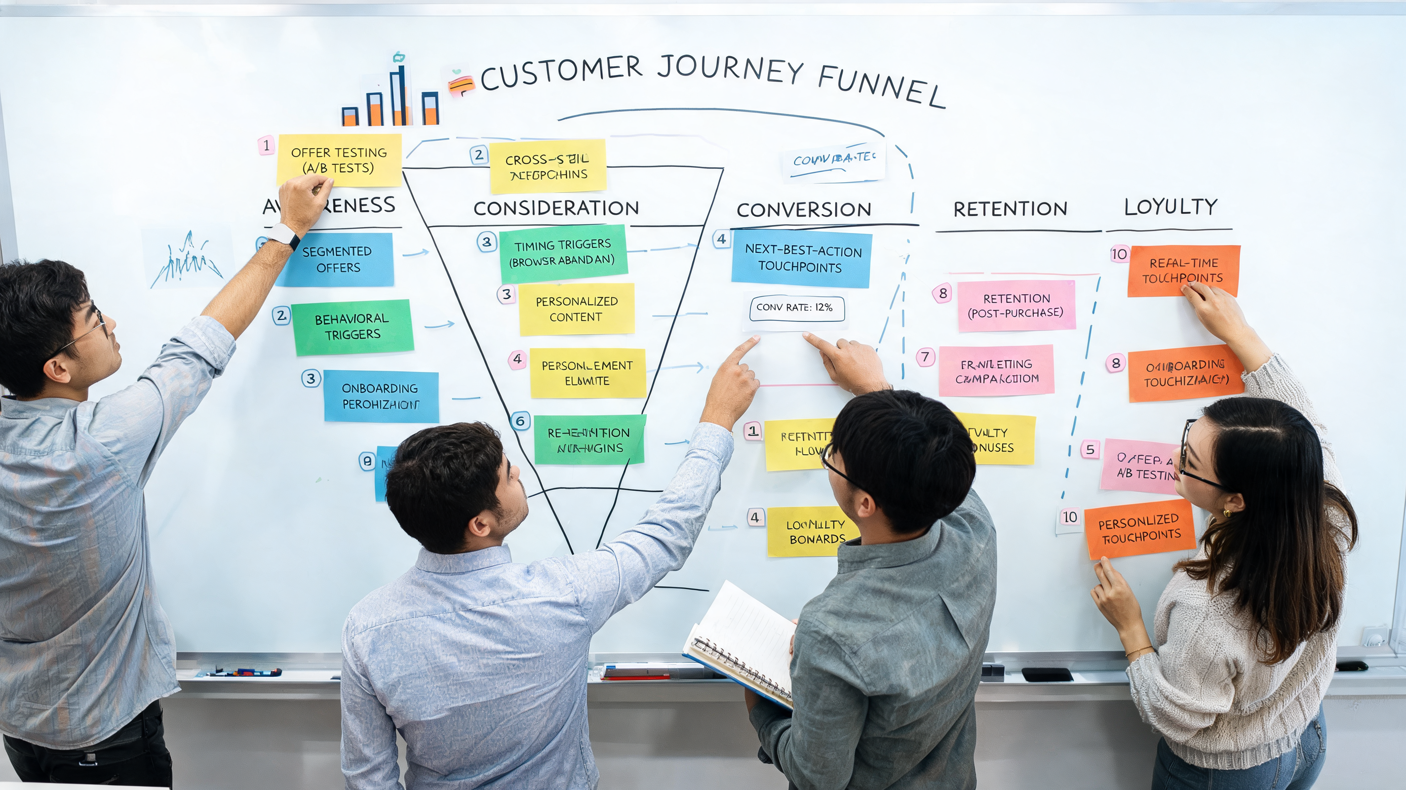 Growth team planning personalized customer journey tactics on a strategy wall, showing marketing automation and content strategy in action