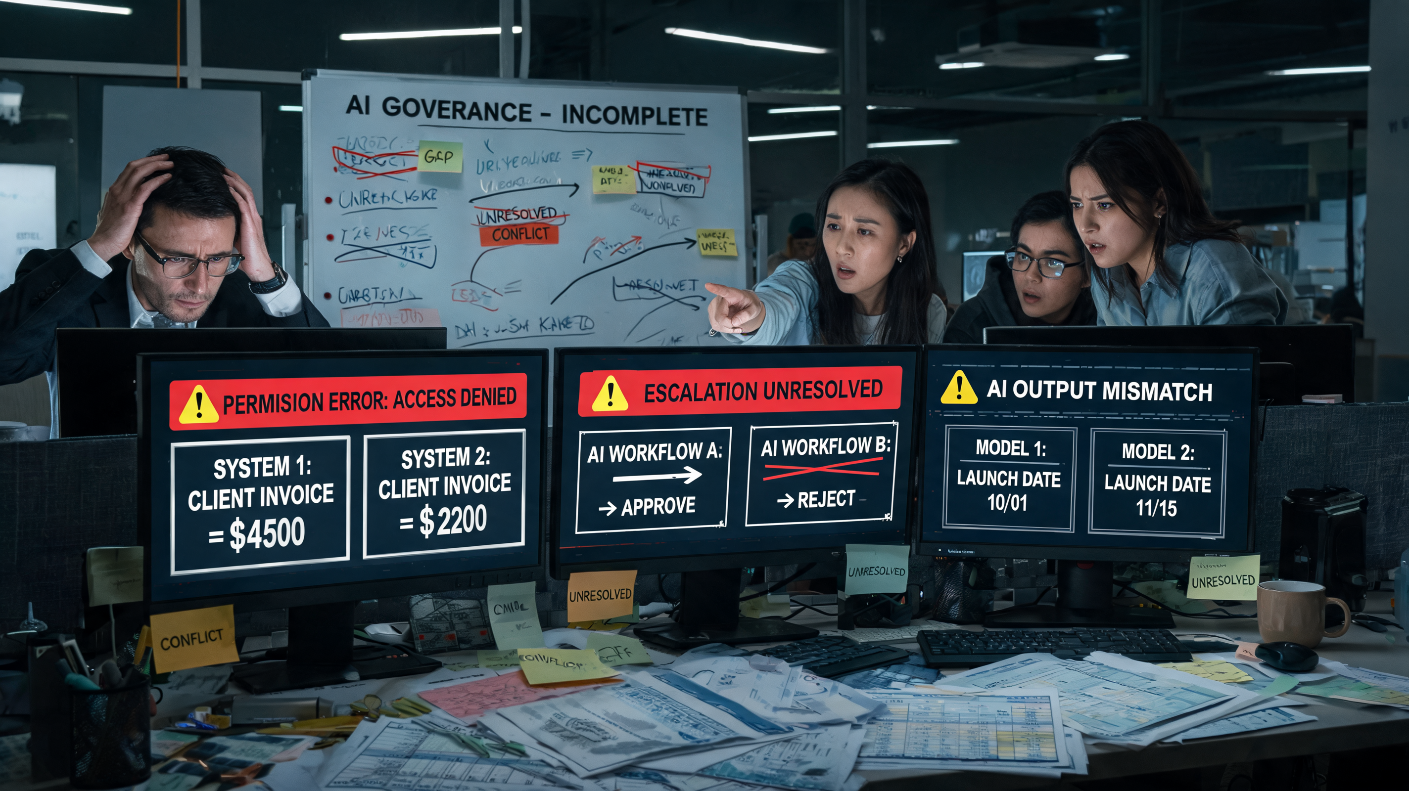 Team facing broken AI automation processes in a corporate office, highlighting the need for SEO optimization and stronger content marketing governance
