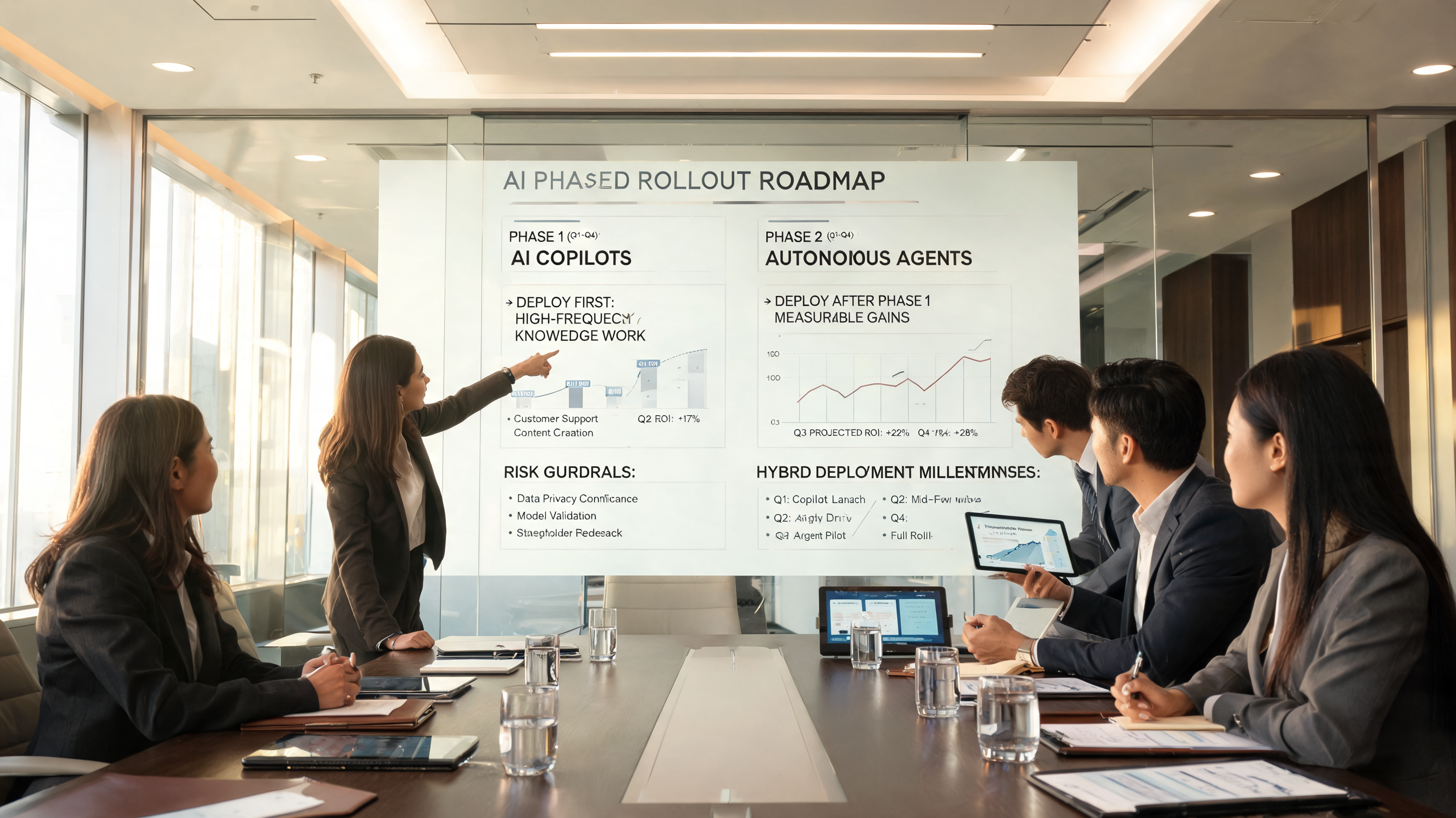 Leadership team planning phased AI adoption with content strategy and social media marketing goals tied to ROI discipline