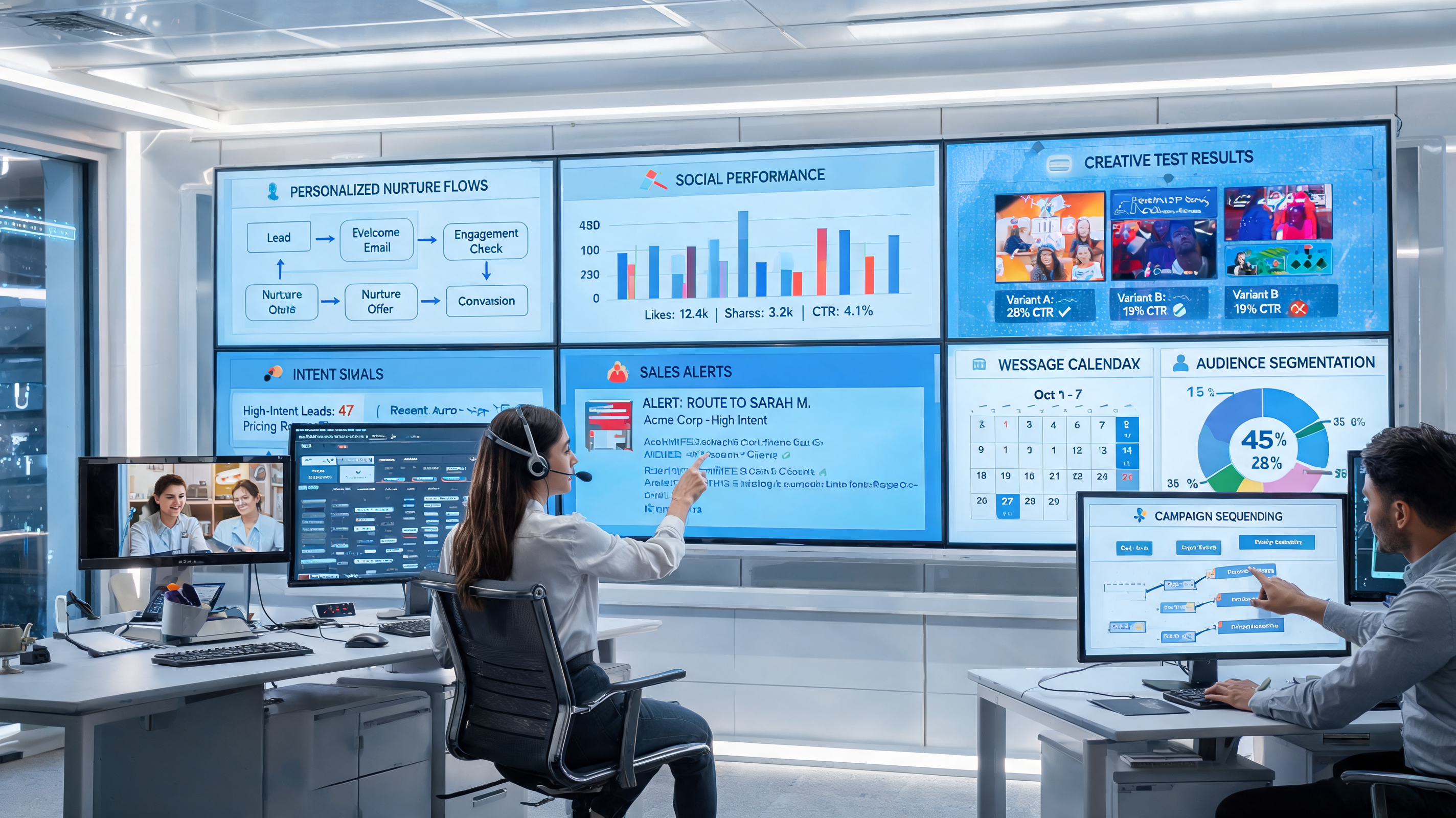 Marketing team managing social media marketing and marketing automation workflows from a real-time campaign dashboard