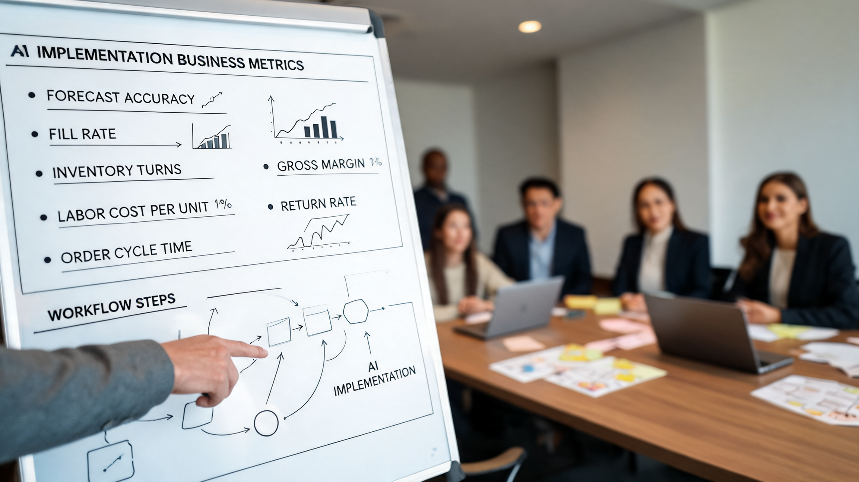 Leadership team mapping AI implementation metrics in a strategy meeting, highlighting blog automation and content strategy with measurable business goals
